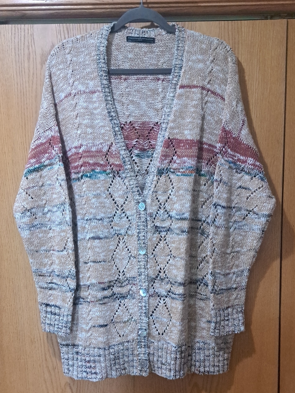 Peruvian Connection Beige Knit Cardigan with Multicolor Stripe Accents